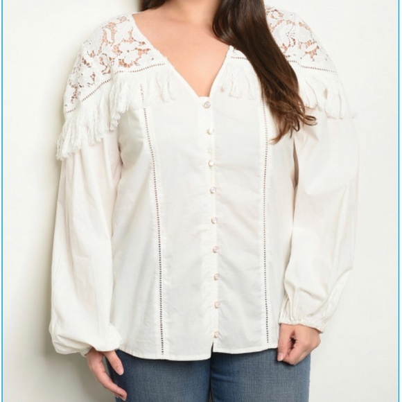 Tops - New Lantern Sleeve Tassel Lace Plus Size Top